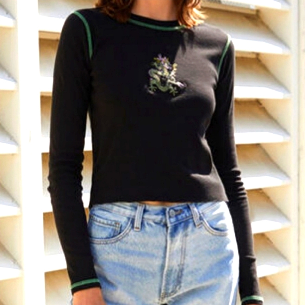Brandy Melvin Long Sleeve Ashlyn Dragon Top Black Green Stitching
